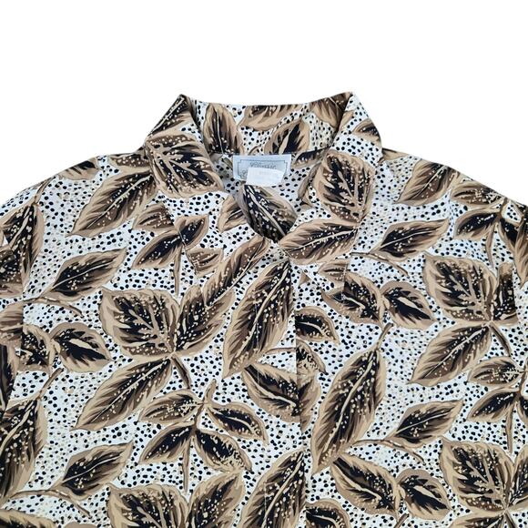 1980s Vintage Leaf Print Blouse Gold Crest Buttons Poplin Blouse Size 16 - Picture 2 of 9